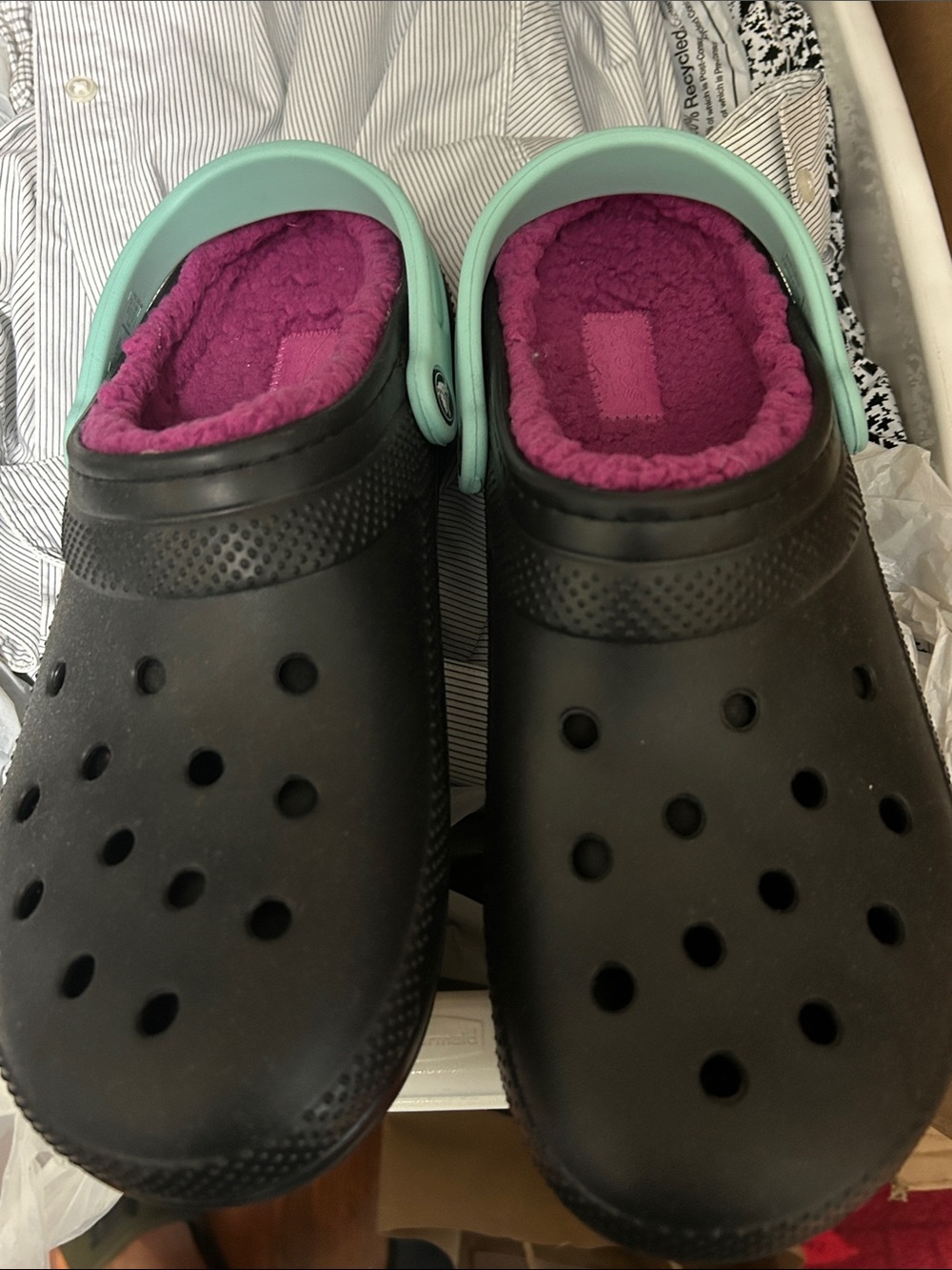 Crocs Classic Lined Black Fuchsia Fleece & Blue Strap size 11
